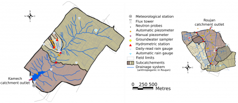 Carte des dispositifs automatisés de mesures physiques réalisées sur l’ORE OMERE (extrait de Molénat et al., 2018)